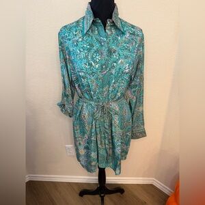 Paisley print embroidered shirtdress with removable tie belt. One Size